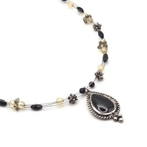Elegant‎ Teardrop Black Enamel Pendant on Silver Tone Beaded Wire Necklace